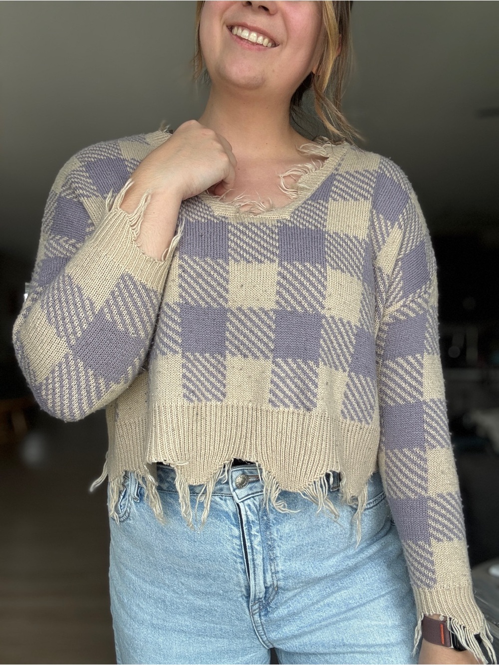 Checked Distressed V-Neck Cropped Sweater - Beige & Lavender